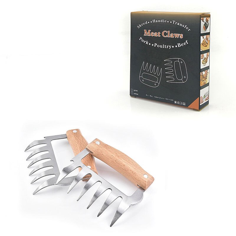 2 PCs/Set Bear Claws Wooden Handle Barbecue Fork Tongs Pull Meat Divided Meat Shred Pork Clamp Roasting Fork Black BBQ Tool