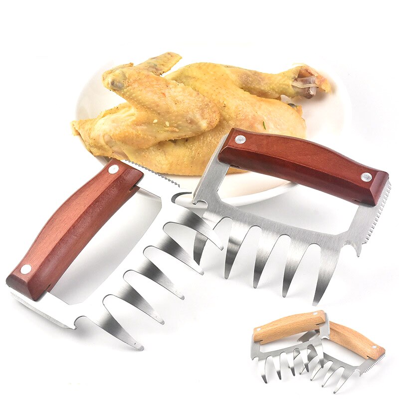 2 PCs/Set Bear Claws Wooden Handle Barbecue Fork Tongs Pull Meat Divided Meat Shred Pork Clamp Roasting Fork Black BBQ Tool